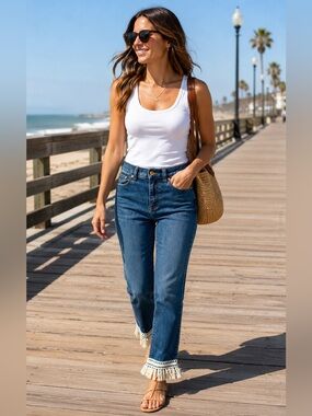 TORY BURCH Blue Connor Fringed Jeans Crocheted Bohemian Size 25 EUC Straight Leg